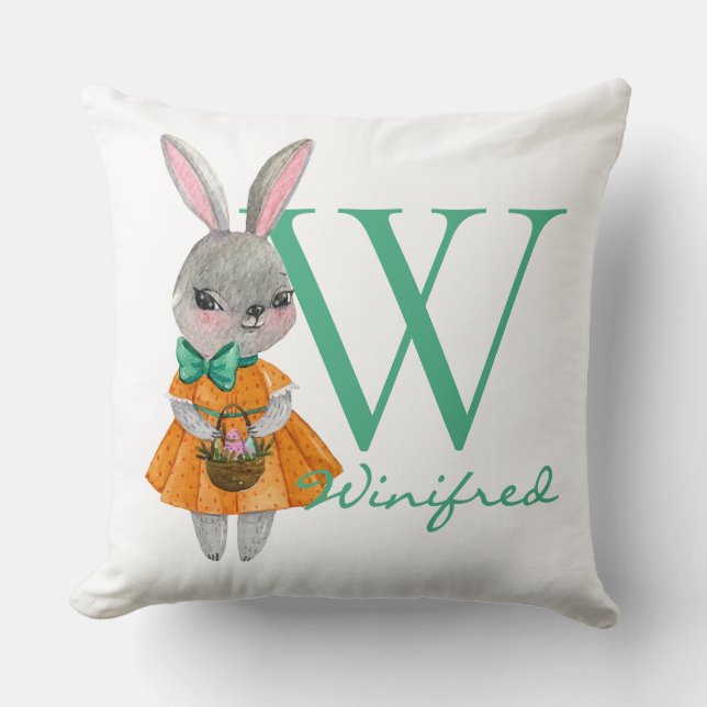 Coussin Cute Girl Easter Bunny Initial & Name Throw Pillow (Recto)