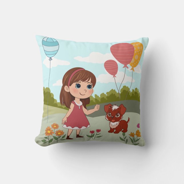 Coussin Cute Girl with Dog & Balloons  (Recto)