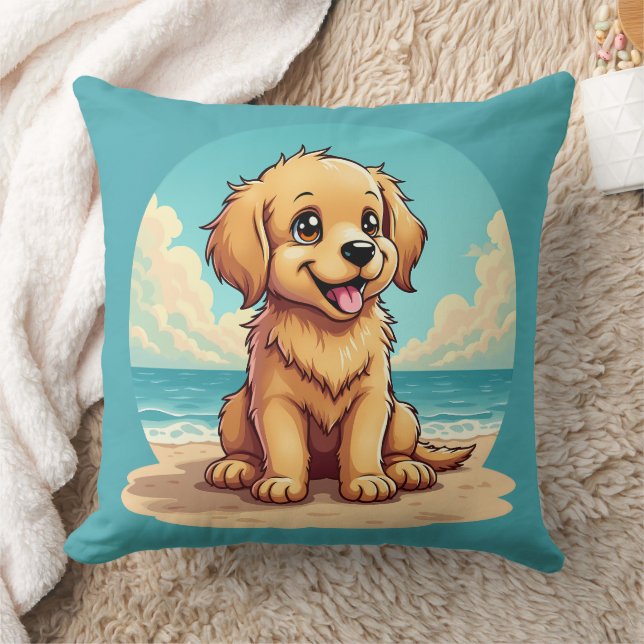 Coussin Cute Golden Puppy at Sunny Beach Scene (Couverture)