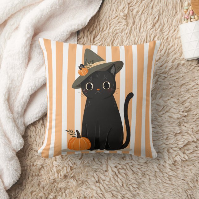 Coussin Cute Halloween Black Cat with Witch Hat Pumpkin (Couverture)