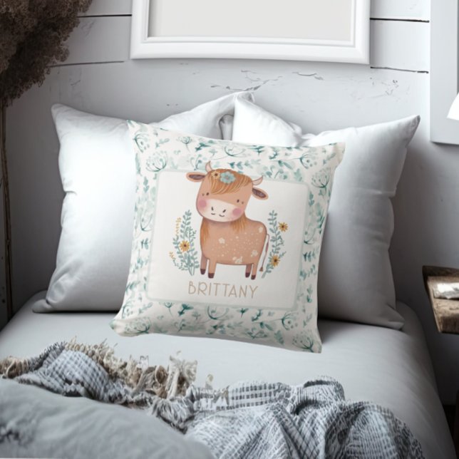 Coussin Cute Highland Cow Boho Floral Custom (Créateur téléchargé)