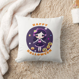 Coussin Cute Kawaii Girl en Halloween Citrouille