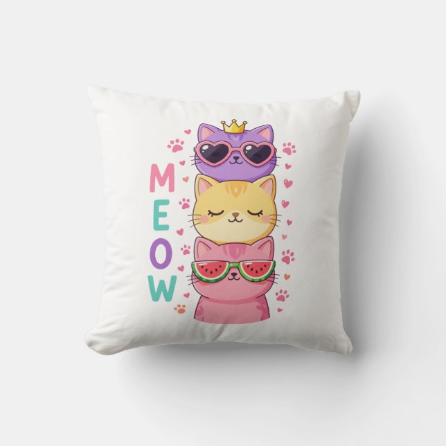 Coussin Cute Kawaii Stacked Cats Sunglasses Meow (Recto)