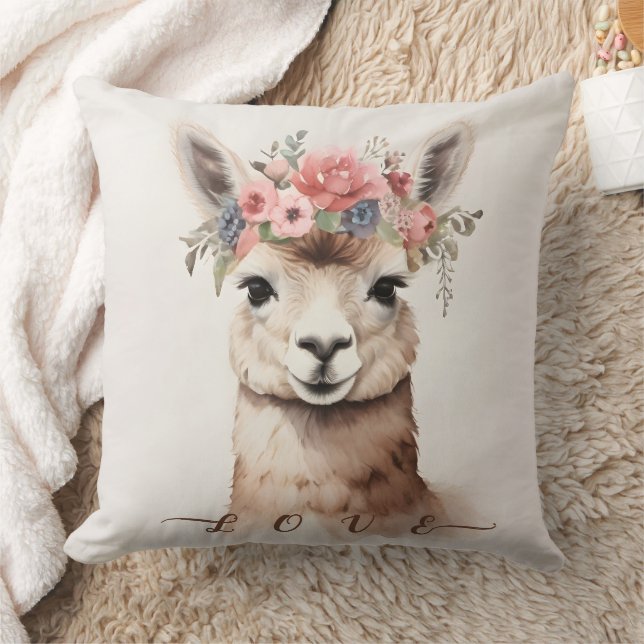 Coussin Cute Llama Alpaca avec Floral dire Amour (Couverture)