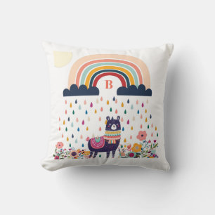 Coussin Cute Llama Arc-en-ciel Monogramme initial