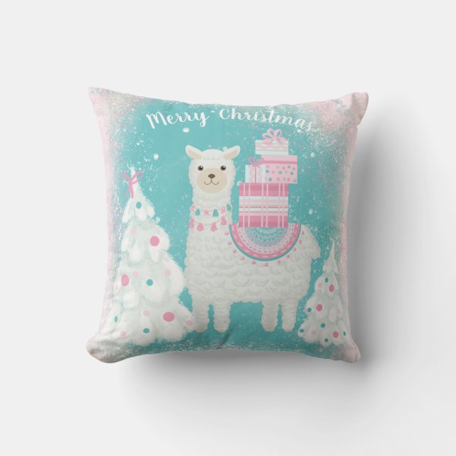 Coussin Cute Llama avec cadeaux de Noël (Recto)