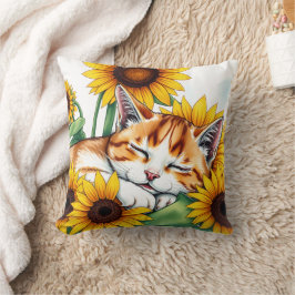 Coussin Cute Napping Kitten and Sunflowers