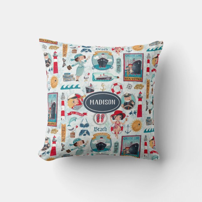 Coussin Cute Nautique bleu rouge océanique motif girly (Recto)