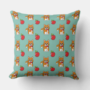Coussin Cute Orange Blanc Chat Manger Rouge Pomme Carton