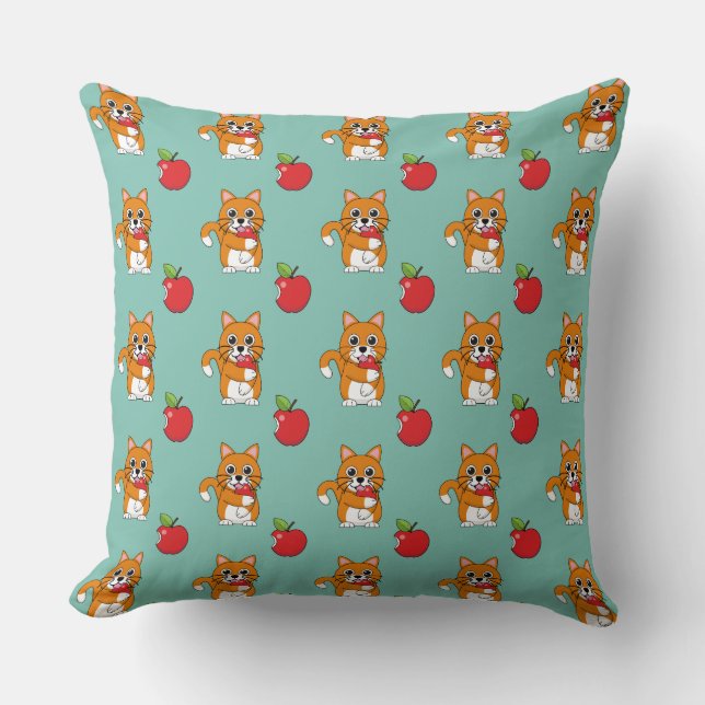 Coussin Cute Orange Blanc Chat Manger Rouge Pomme Carton (Recto)