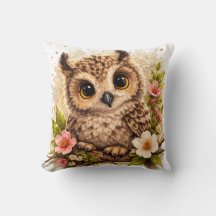 Cute Owl Close-Up Floral Pillow Kawaii Woodland Nu