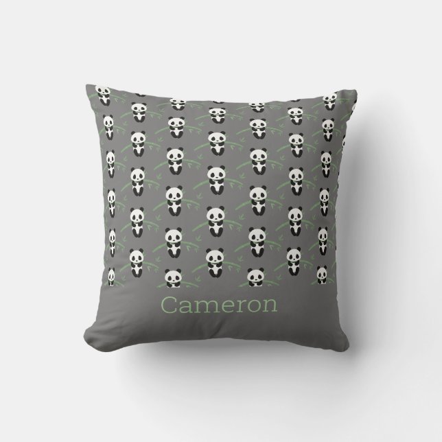 Coussin Cute Panda Bear Bambou Motif Grey Nom personnalisé (Recto)
