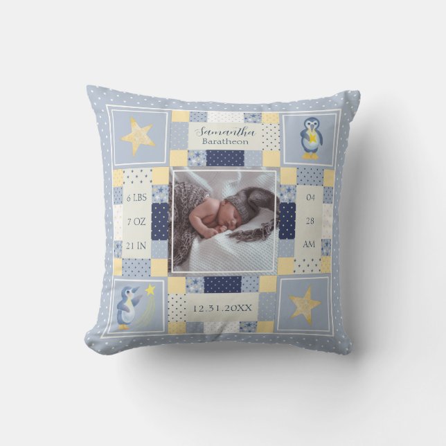 Coussin Cute Penguin Quilt Baby Stats de naissance Personn (Recto)