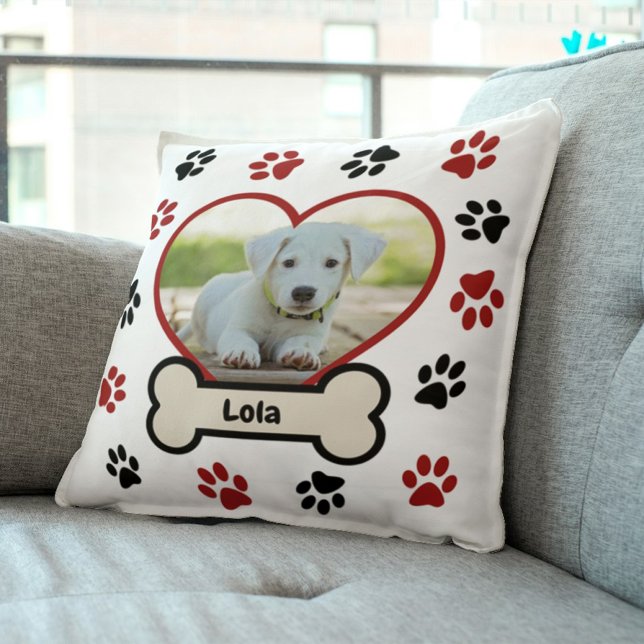 Coussin Cute Pet Chien Photo Coeur Red & Black Paws Motif (Créateur téléchargé)