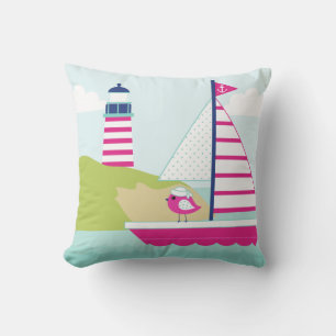 Coussin Cute Pink Sail Boat and Lighthouse