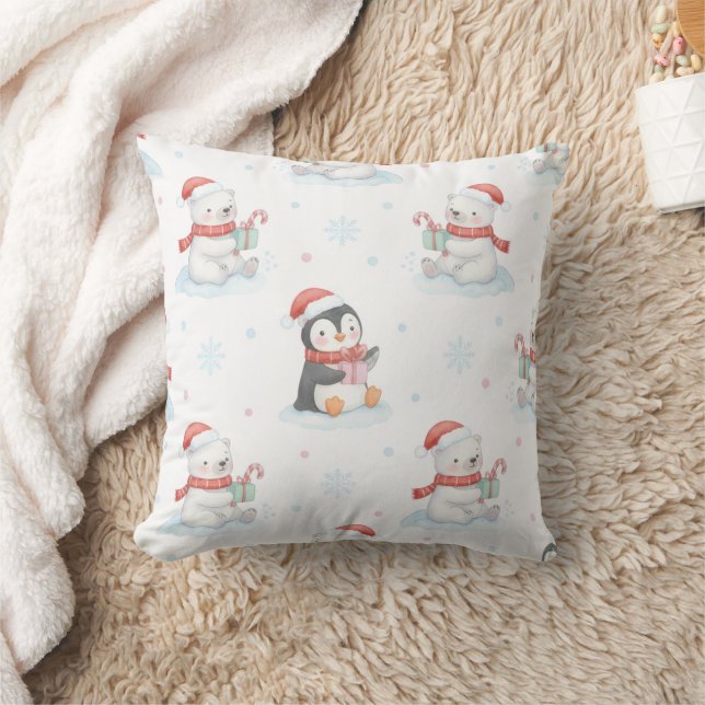 Coussin Cute Polar Bears & Penguins Christmas Throw Pillow (Couverture)