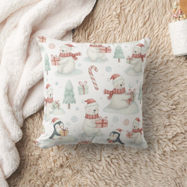 Coussin Cute Polar Bears & Penguins Christmas Throw Pillow (Couverture)