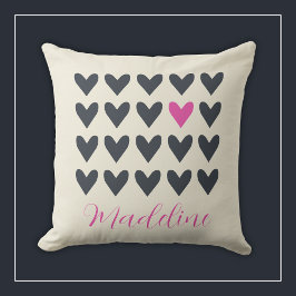 Coussin Cute Pop Art Coeurs dans Mod gris foncé et rose ch