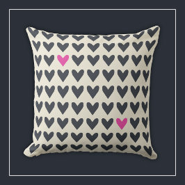 Coussin Cute Pop Art Coeurs dans Mod gris foncé et rose ch