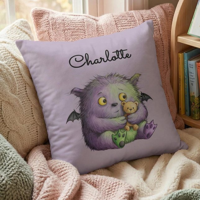 Coussin Cute Purple Green Fluffy Monster Buddy (Créateur téléchargé)