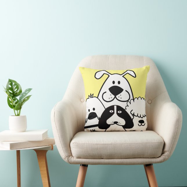 Coussin Cute Quatre Doodles de Chien Noir et Blanc (Chaise)