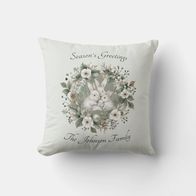 Coussin Cute Rabbits in a Floral Winter Wreath (Recto)