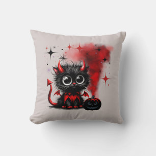 Coussin Cute Retro Rouge-Noir Large Kitten Halloween à l'o