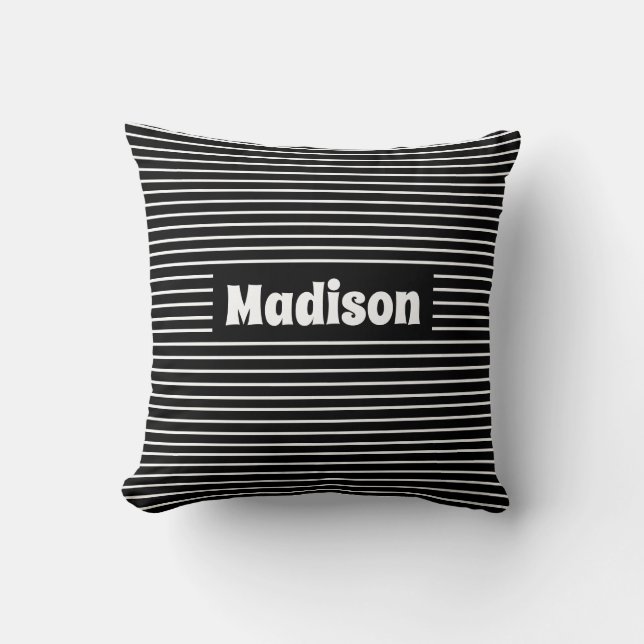 Coussin Cute Simple Stripes Noir et Blanc Nom personnalisé (Recto)