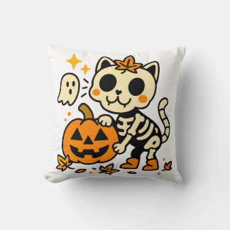 Coussin Cute Skeleton Cat with Pumpkin Throw Pillow