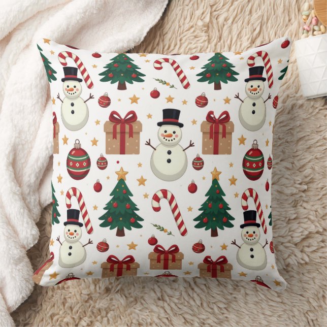 Coussin Cute Snowman & Candy Cane Christmas Throw Pillow  (Couverture)