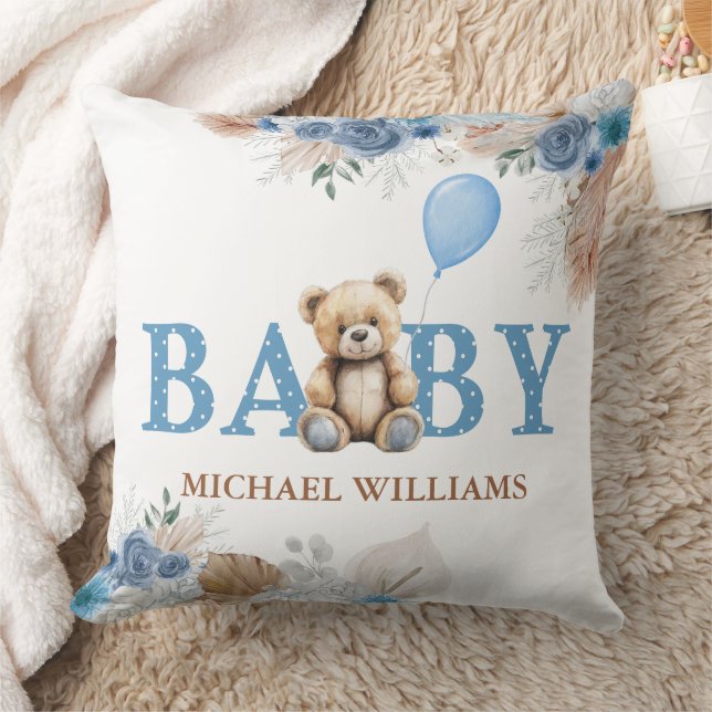 Coussin Cute Teddy Bear Baby Boy Nursery Blue Boho Floral (Couverture)