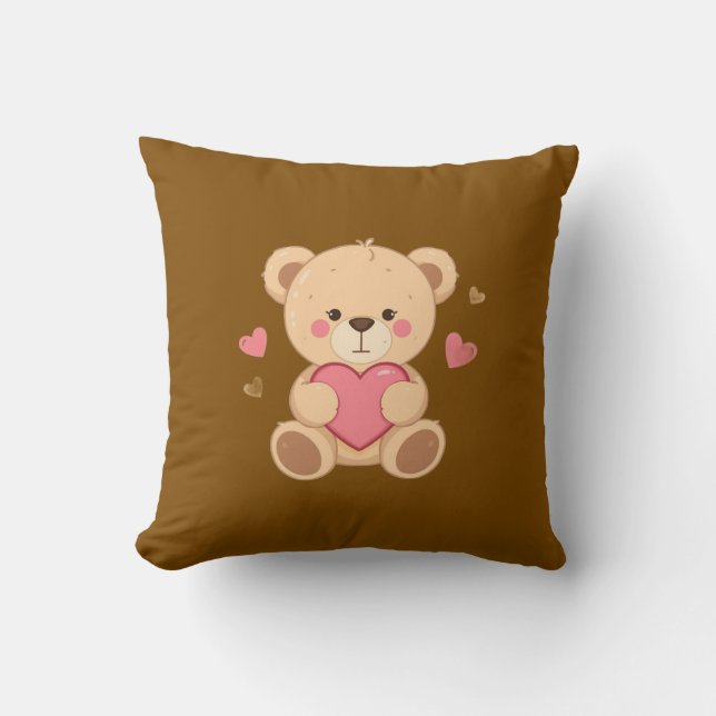 Coussin Cute Teddy Bear Holding Heart – Valentine Love Ill (Recto)