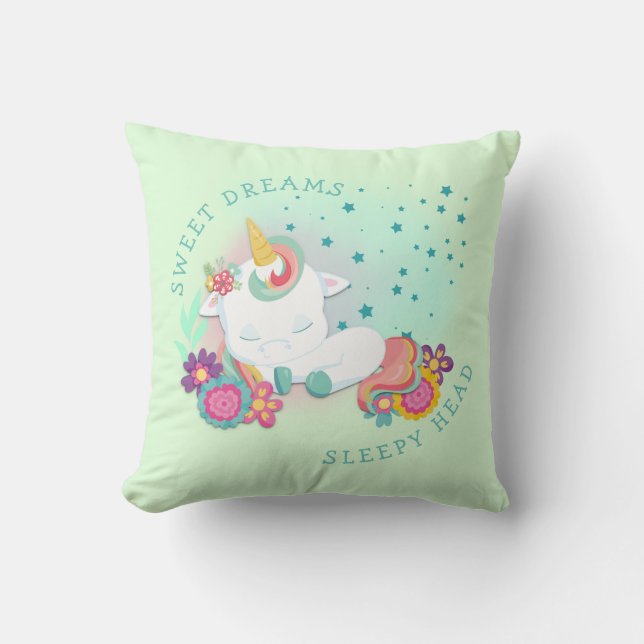 Coussin Cute Unicorn Nom Sweet Dreams Sleepy Head Green (Recto)