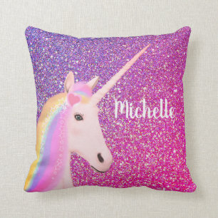 Coussin Cute Unicorn Parties scintillant violette rose Omb