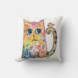 Coussin Cute Whimsical Happy Chat avec Bird