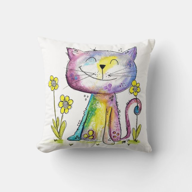 Coussin Cute Whimsical Happy Chat avec Fleurs Jaunes (Recto)