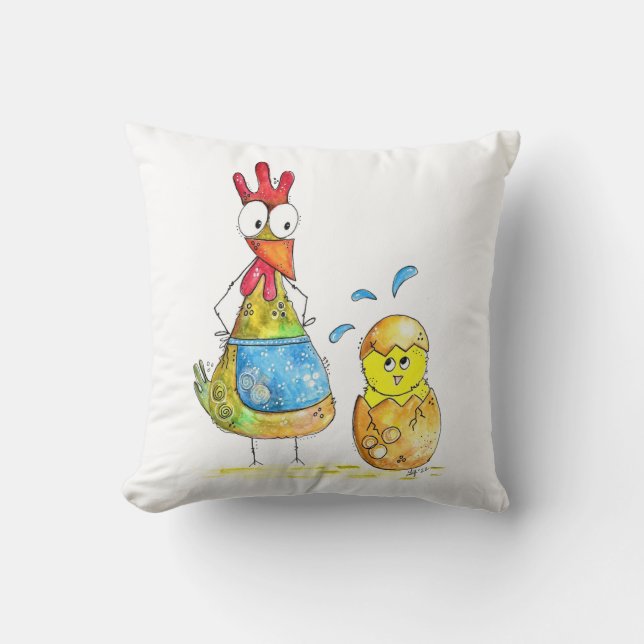 Coussin Cute Whimsical Mama poulet avec bébé (Recto)