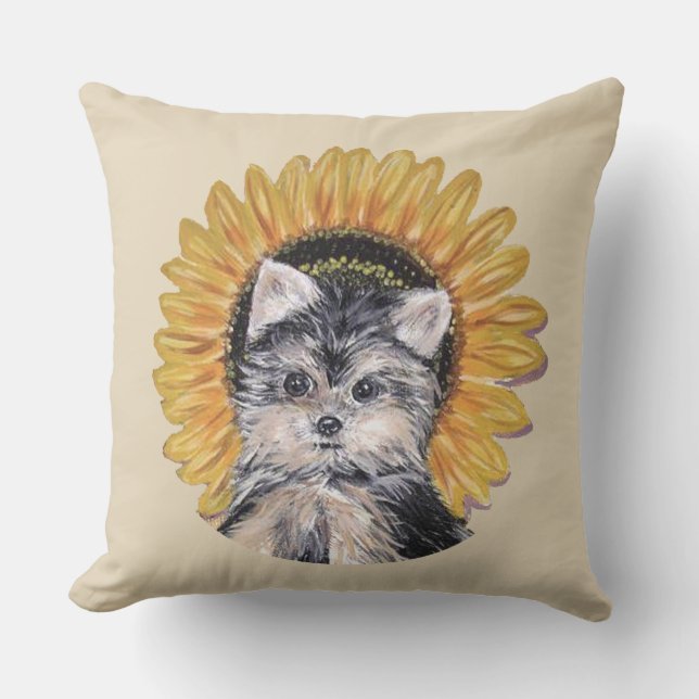 Coussin Cute Yorkshire Terrier Chien & Tournesol sur Beige (Recto)