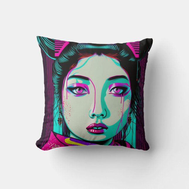 Coussin Cyberpunk Geisha Jetez l'oreiller 16" x 16" (Recto)