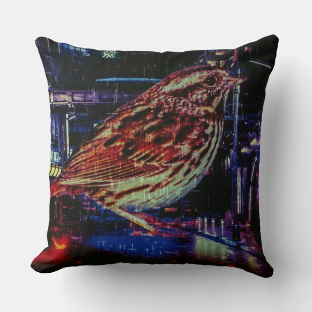 Coussin Cyberpunk Sparrow dans Neon Cityscape (Recto)