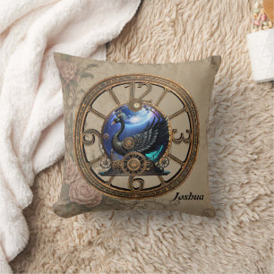 Coussin Cygne vapeur noir avec horloges et engrenages.