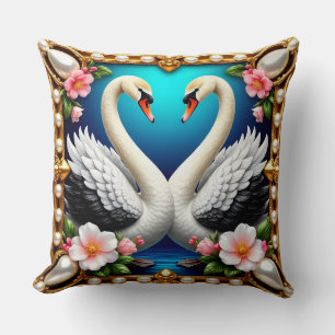 Coussin Cygnes de mariage encadrés d'or et de fleurs