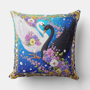 Coussin Cygnes de mariage encadrés d'or et de fleurs