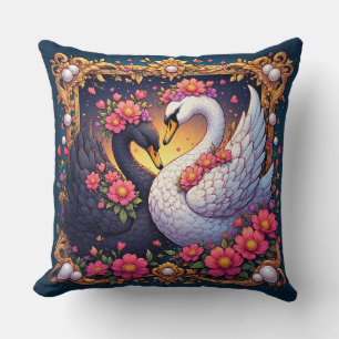 Coussin Cygnes de mariage encadrés d'or et de fleurs