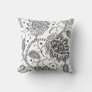 Coussin d'accents floraux de toile blanche et noir