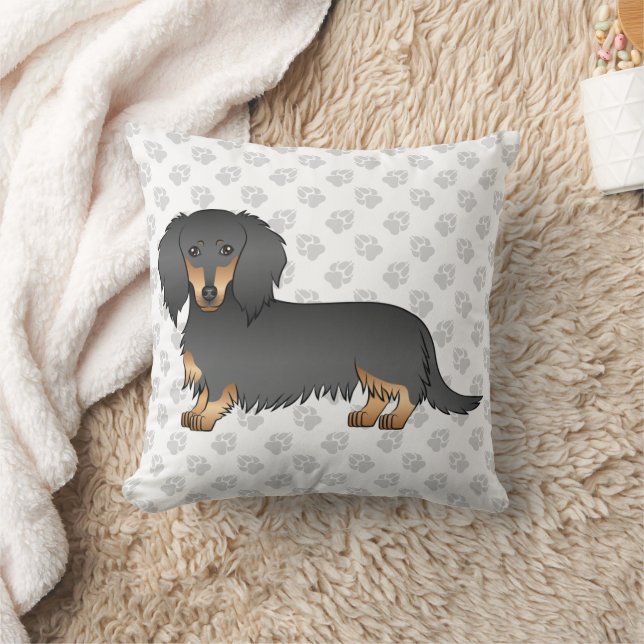 Coussin Dachshund à cheveux longs noir et tan caricature C (Couverture)