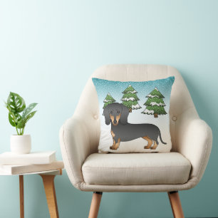 Coussin Dachshund à poil court noir et feu - Forêt d'hiver