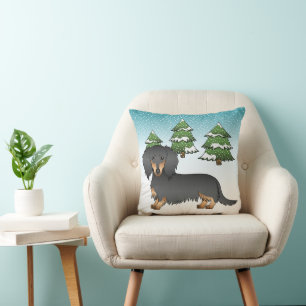 Coussin Dachshund à poil long noir et feu - Forêt d'hiver