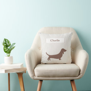 Coussin Dachshund Brown sur bandes beiges Nom personnalisé