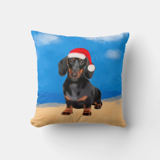 Coussin Dachshund Chien Sur La Plage Casquette De Noël (Recto)